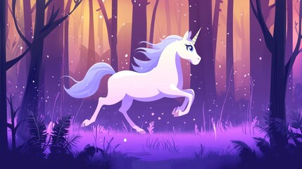 Unicorn galloping magical forest sunset fantasy illustration