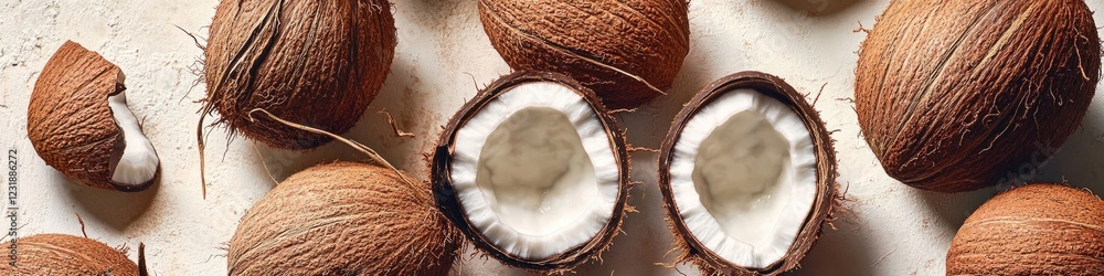 Poster a group of coconuts sitting on top of a table
