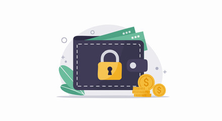 Illustration of a secure digital wallet with a lock symbol, cash, and coins, emphasizing financial security and digital protection.