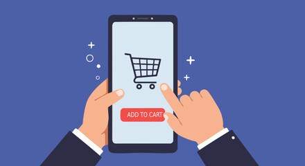 Illustration of a smartphone screen with a shopping cart icon and an 'Add to Cart' button, symbolizing online shopping convenience.