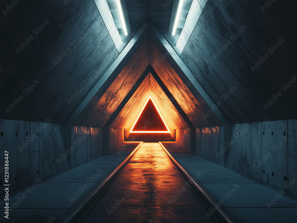 Poster empty, dark corridor with a glowing side window, concrete block walls, and an underground track crea