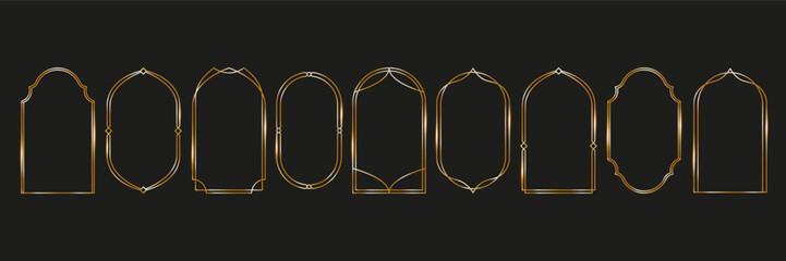 set gold frames thin linear geometric shape. elegant arch borders on black background