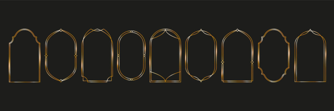 set gold frames thin linear geometric shape. elegant arch borders on black background