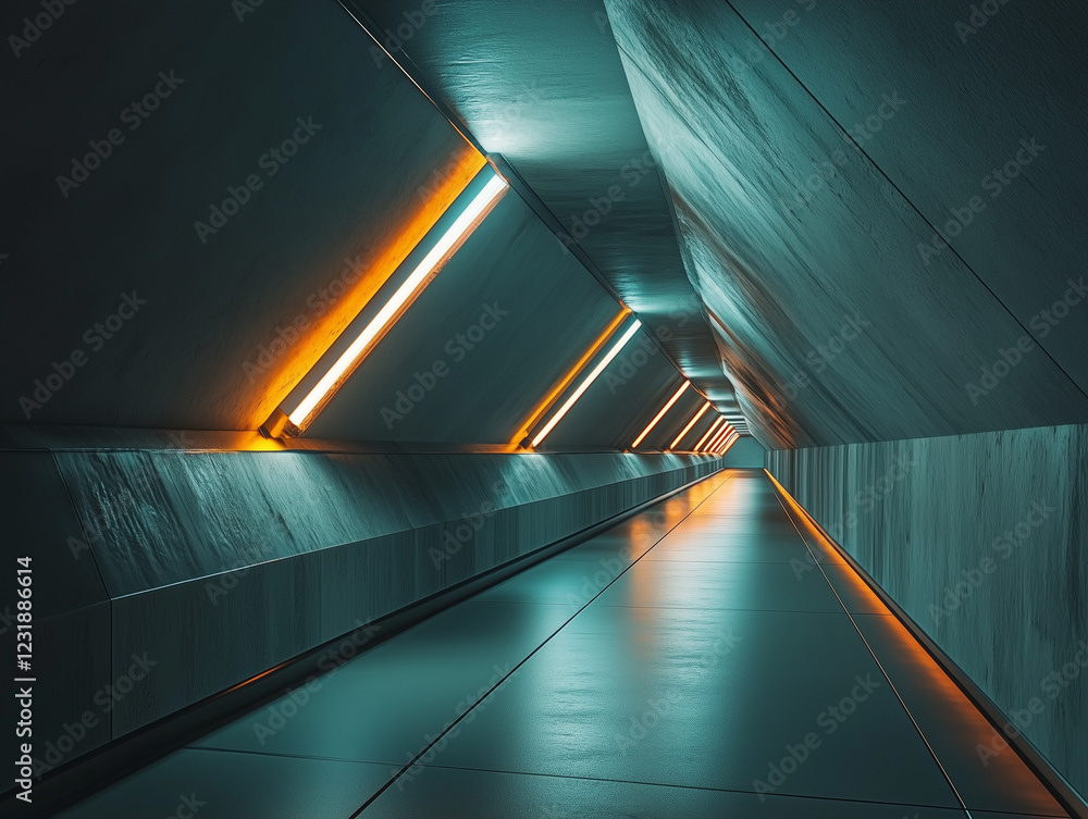 Poster empty, dark corridor with a glowing side window, concrete block walls, and an underground track crea