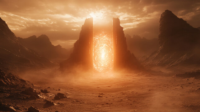 Mars desert planet with portal landscape background in space. Martian ground surface and magic fireball gate. Extraterrestrial fantasy eye entrance to parallel universe world scene for 2d videogame