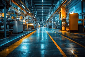 A large industrial warehouse filled with various machines and equipment