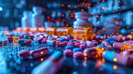 Close-Up of Colorful Pills and Capsules Scattered on Table Representing Healthcare and Pharmaceutical Industry