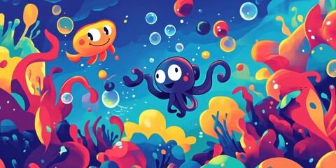 Happy Octopus and Jellyfish Swim in Vibrant Reef
