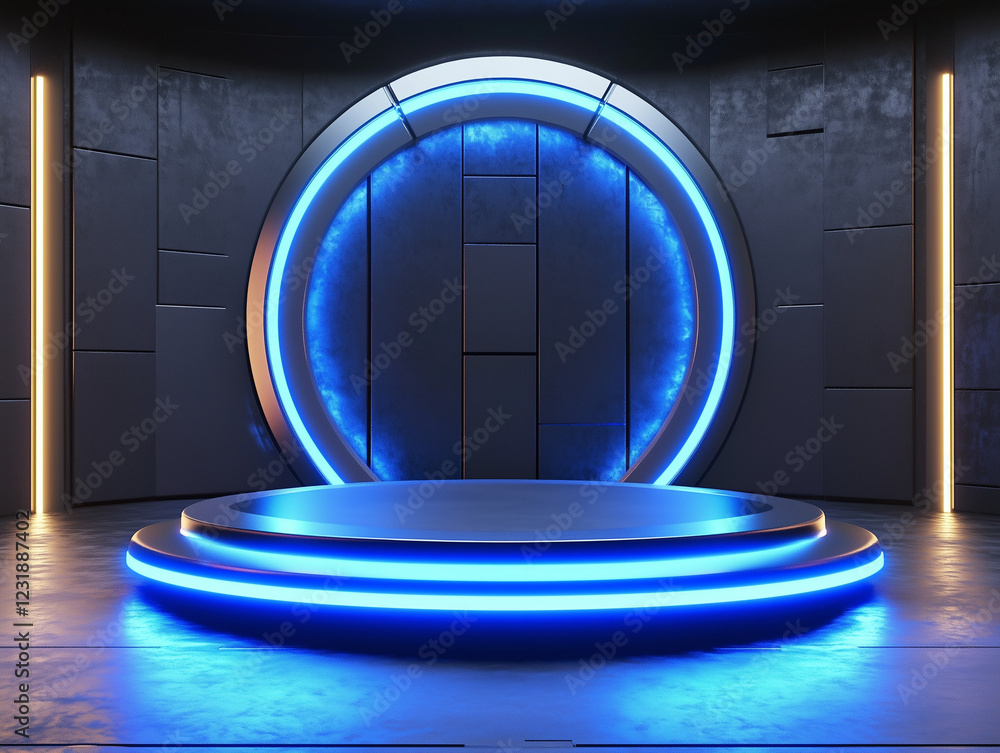 Poster a futuristic 3d podium with a glowing circular design serves as a high-tech stage for a product disp