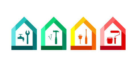 House and work tools as colorful icons in blue, green, yellow, orange and red color. Colourful logo or icon set with wrench, hammer, screwdriver and paint roller.