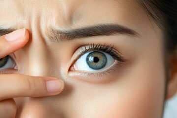 Naklejka premium lack of sleep problem, Worried Asian young woman pointing finger at dark circles under her eyes