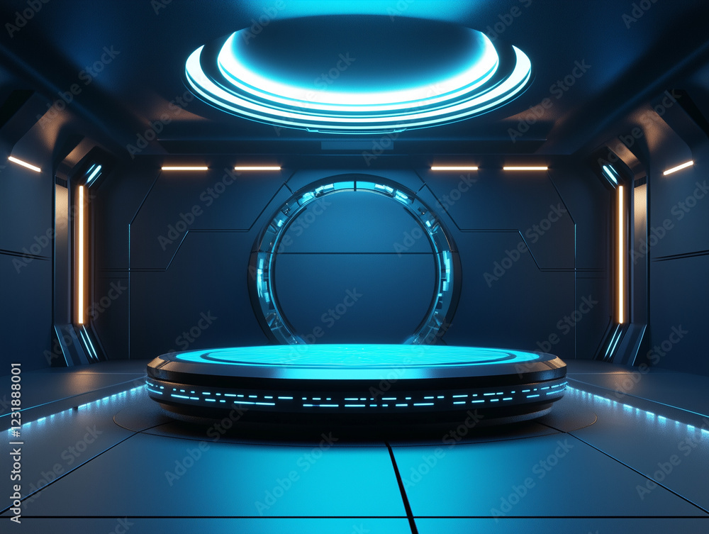 Poster a futuristic 3d podium with a glowing circular design serves as a high-tech stage for a product disp