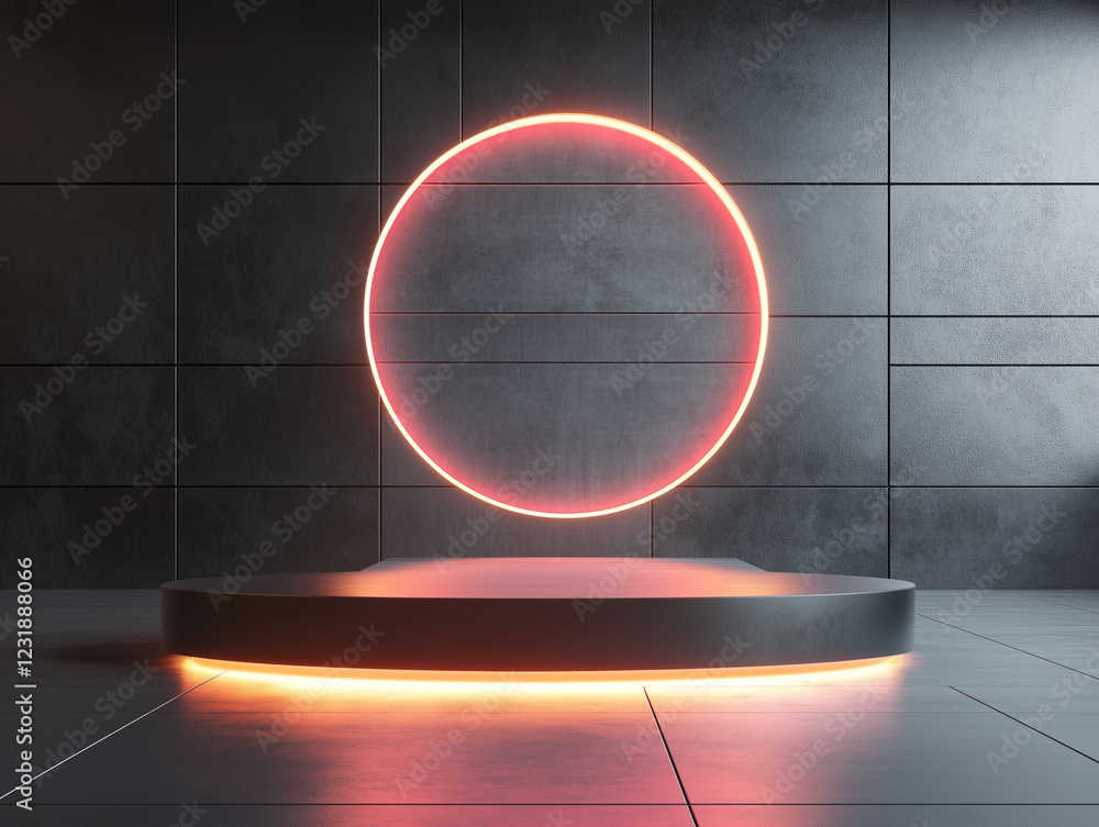Poster a futuristic 3d podium with a glowing circular design serves as a high-tech stage for a product disp