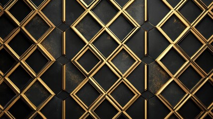 Gold-framed black squares, textured wall, geometric design, dark background, interior decor