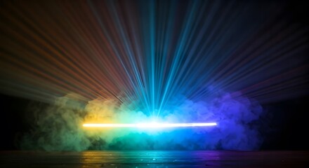  Bright light beams cutting through vibrant clouds of colorful mist, Ai Generated