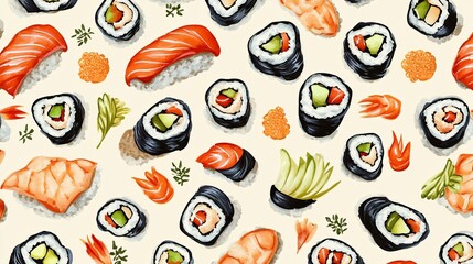 Delicious sushi assortment, restaurant menu background, food illustration,  website design