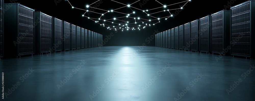 Poster network server room: dark corridor of data storage units with illuminated network connections