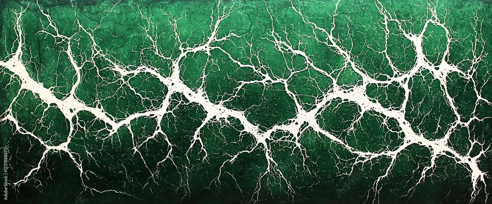 Poster abstract green and white branching network pattern.