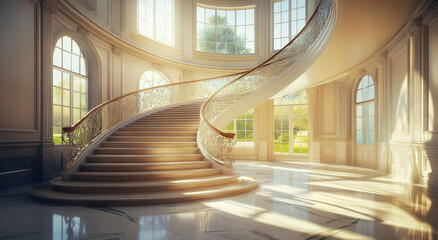 Obraz premium Elegant curved staircase with delicate railing in a sunlit grand entrance hall