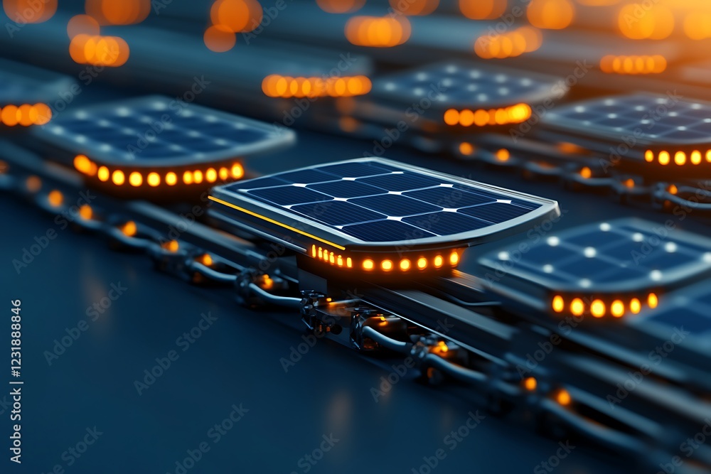Poster futuristic solar panel assembly line with illuminated components