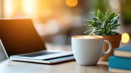 Creative focus in a cozy coffee shop with books and a warm latte