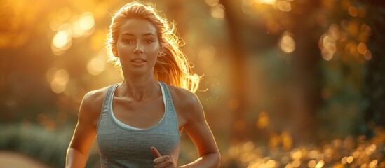 woman running through a sunlit forest path during golden hour, with light streaming through the trees