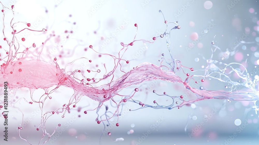 Poster abstract neural network visualization with pink and blue connections on a light background.