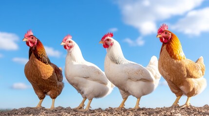 Fototapeta premium Chickens enjoying the sunshine at a free range eco farm