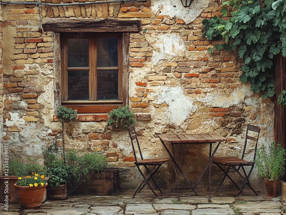 Poster a rustic brick wall serves as textured backdrop in this stock photo, adding a sense of warmth and ch