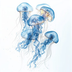 Blue jellyfish gracefully drifting, ethereal underwater dance.