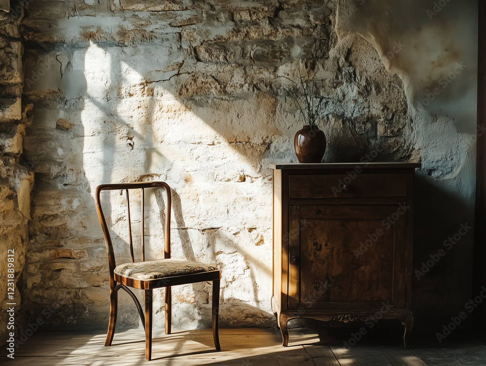 Poster a rustic brick wall serves as textured backdrop in this stock photo, adding a sense of warmth and ch