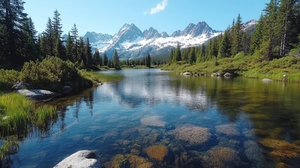 Serenity found in a crystal clear mountain lake surrounded by pines