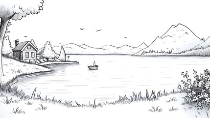Fototapeta premium A hand-drawn illustration of a serene lakeside cottage with mountains in the background.