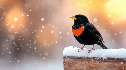 Common blackbird perched against the snowy landscape in winter