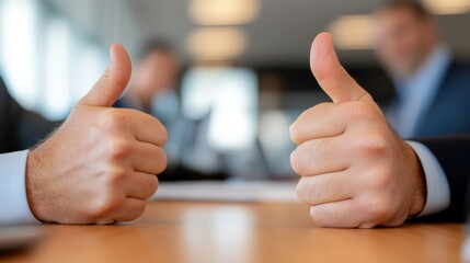Business team celebrates success with thumbs up in office meeting