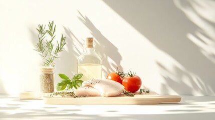 Raw chicken fillet on plate with tomato, spices and dill on black background.