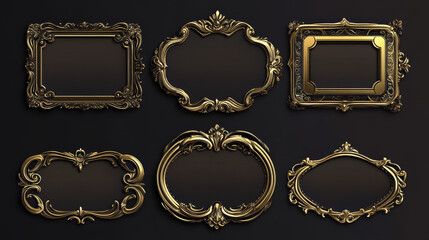 Obraz premium Medieval buttons, ui game menu elements, gold oblong banners with decorated ornate rims. Empty royal gui bars for rpg or arcade, golden borders, web design interface Cartoon 2d vector illustration set