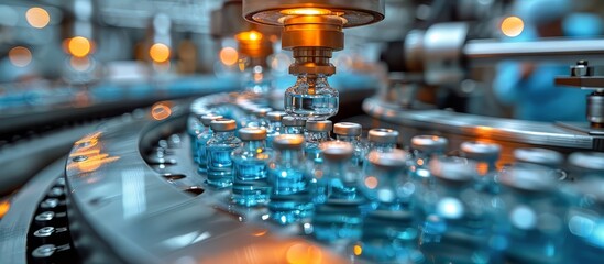 close-up of a high-tech pharmaceutical production line with vials being filled with a blue liquid