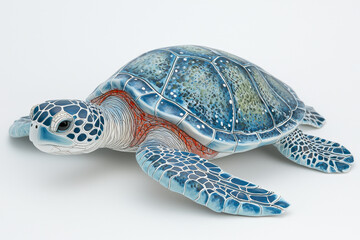 Hand-painted sea turtle sculpture, detailed shell, vibrant blue hues.