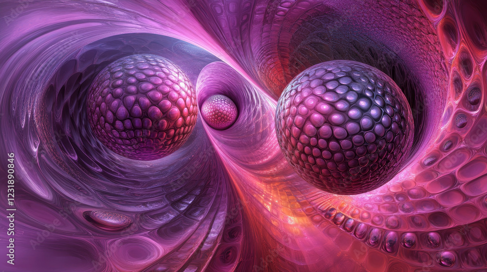 Poster abstract floating spherical blobs in soft pink and purple gradient. smooth rounded holographic shape