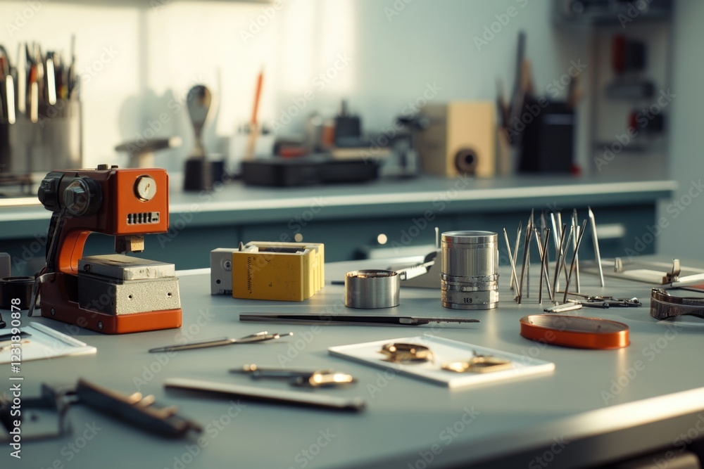 Poster a detailed image of a workbench with various tools and equipment in a workshop setting, ideal for us