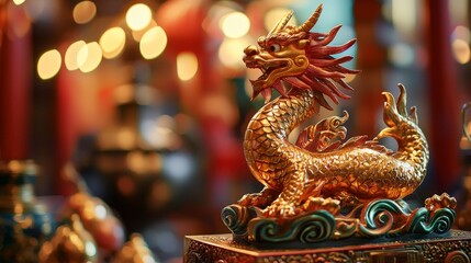 Fototapeta premium Elegant Golden Dragon Sculpture with Bokeh Background Detail
