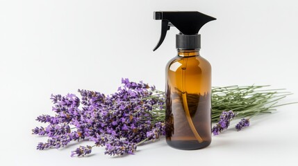 Aesthetic lavender spray bottle next to fresh lavender flowers. Perfect for aromatherapy or home fragrance. Evokes calm and relaxation. Generative AI