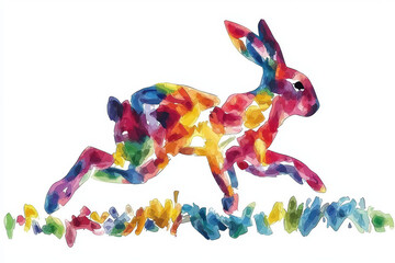 Rainbow Hare in Motion: Abstract Watercolor Art.