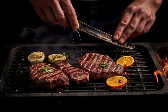 Grilled ribeye beef steak,Herbs and spices Generative AI