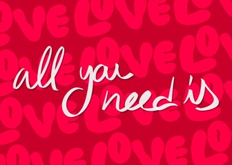 Fototapeta premium Social media banner for Valentines Day with Love is all you need lettering. Empty space for text. Happy Valentines day sale header or voucher template with hearts.