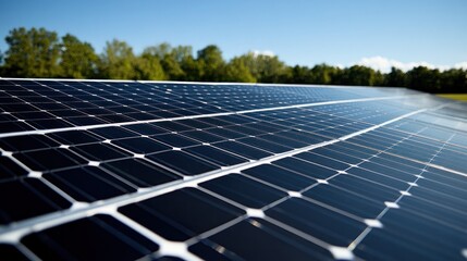 Close-up of solar panels with a row of trees and clear blue sky in background