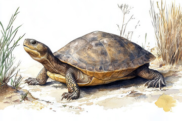 Obraz premium Detailed watercolor painting of a turtle on sandy ground, surrounded by sparse vegetation.
