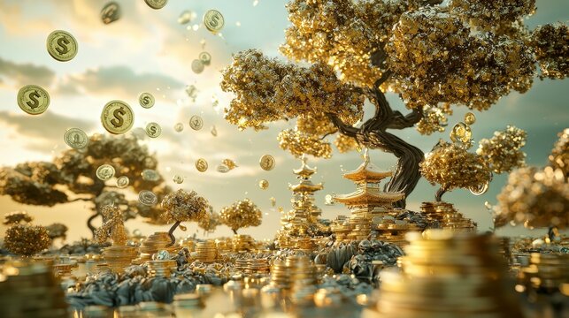 Prosperous Golden Tree with Floating Coins and Tranquil Landscape