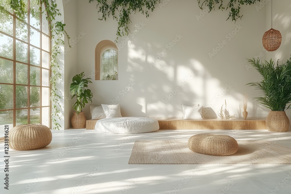 Poster a serene and inviting interior space filled with natural light, showcasing minimalistic design and l